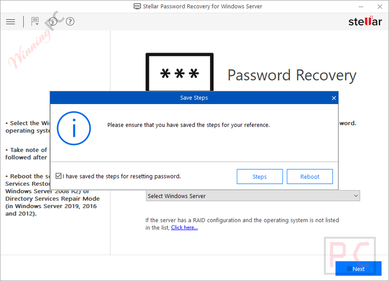 stellar password recovery for windows server save steps