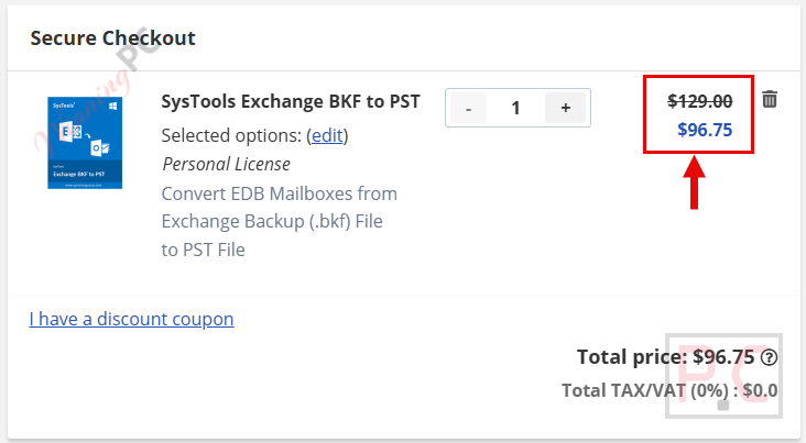 systools exchange bkf to pst checkout page with coupon