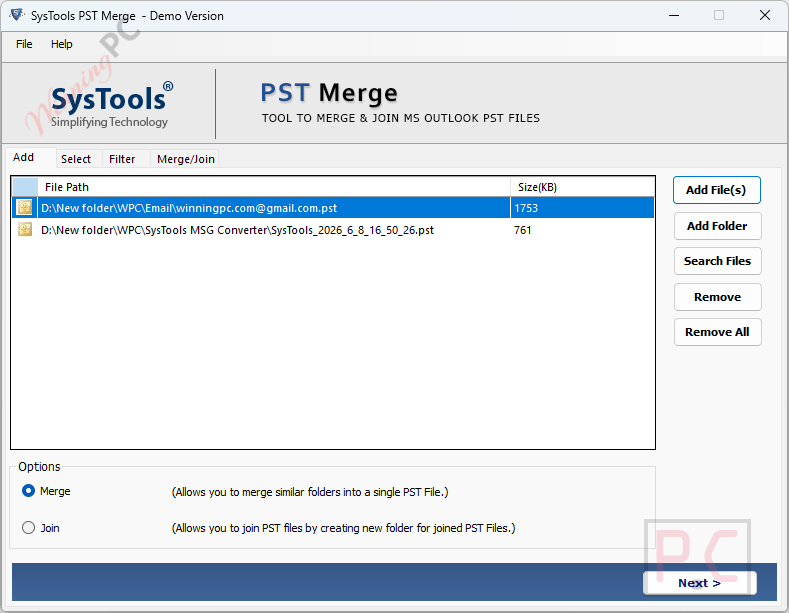 systools pst merge main screenshot SysTools PST Merge