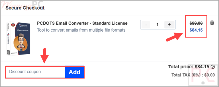 pcdots email converter coupon code PCDOTS Email Converter checkout page