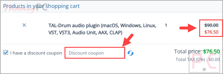 TAL-Drum audio plugin checkout page with coupon code