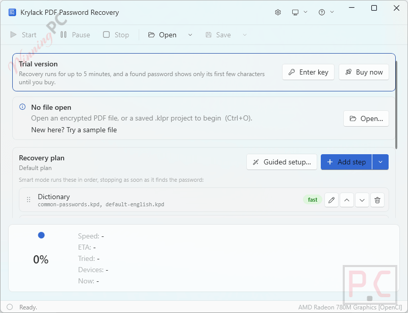 Krylack PDF Password Recovery Main Screenshot