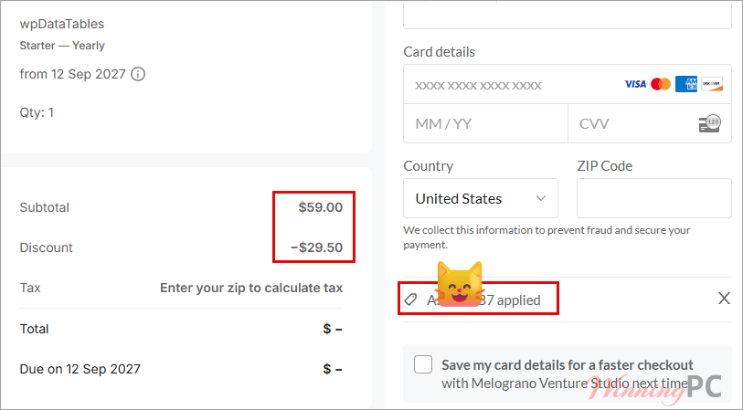 wpDataTables coupon code checkout