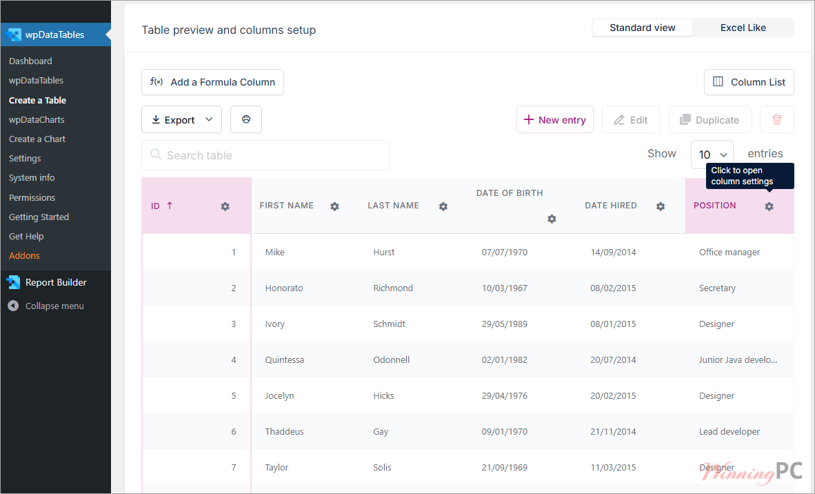 wpDataTables screenshot
